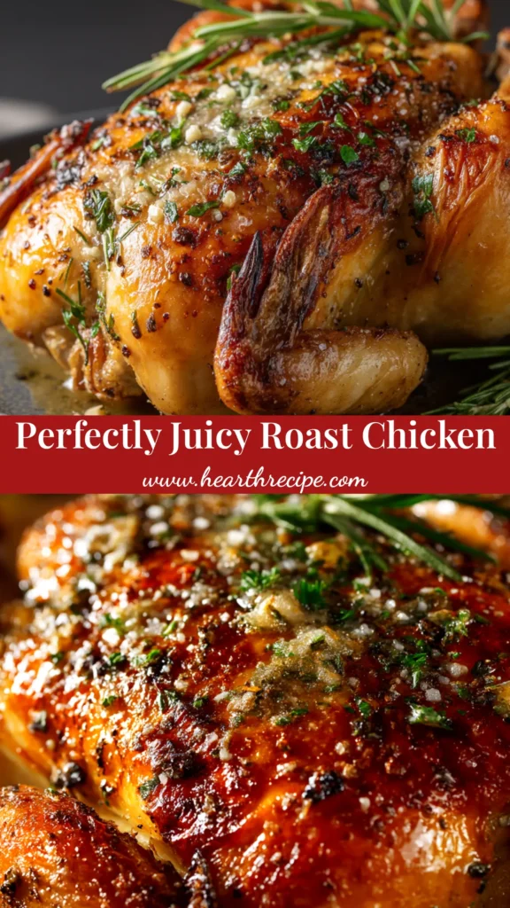 A perfectly golden-brown Garlic Butter Roast Chicken on a serving platter, garnished with fresh herbs and lemon slices.
