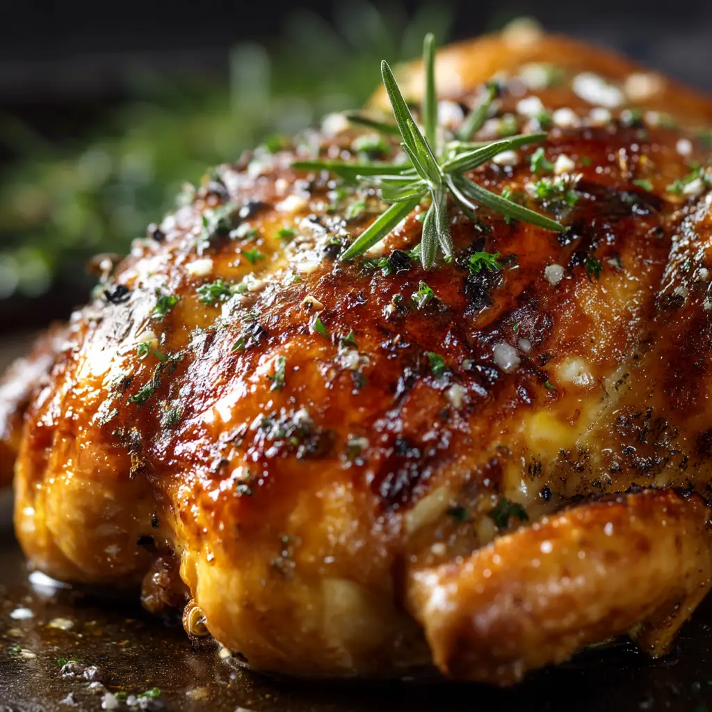 A bowl of softened butter mixed with minced garlic and fresh herbs, ready to be spread on the whole roasted chicken.