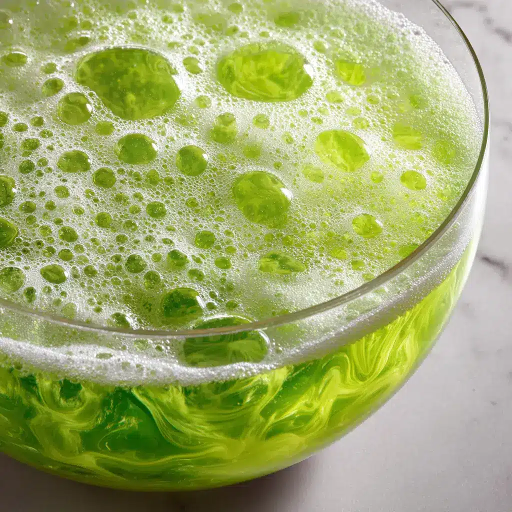 Witches' Brew Punch (Easy Halloween Recipe!) 2 A close-up shot of a glass of Witches' Brew Punch, showing the fizzy bubbles and the creamy, melted lime sherbet foam on top.