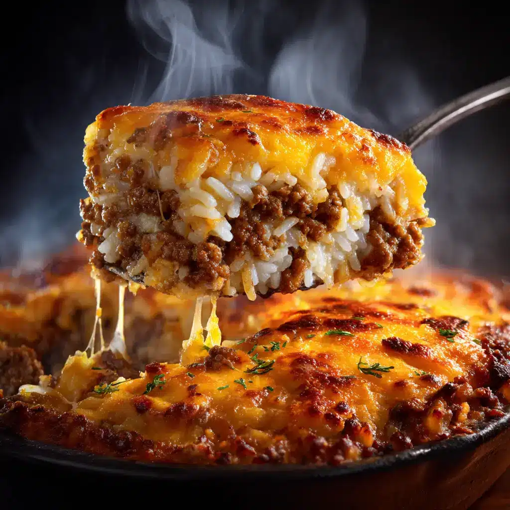 Cheesy Hamburger Rice Casserole (The Ultimate Comfort Food) 1 Ingredients for the cheesy hamburger rice casserole laid out, including ground beef, rice, beef broth, and shredded cheese.
