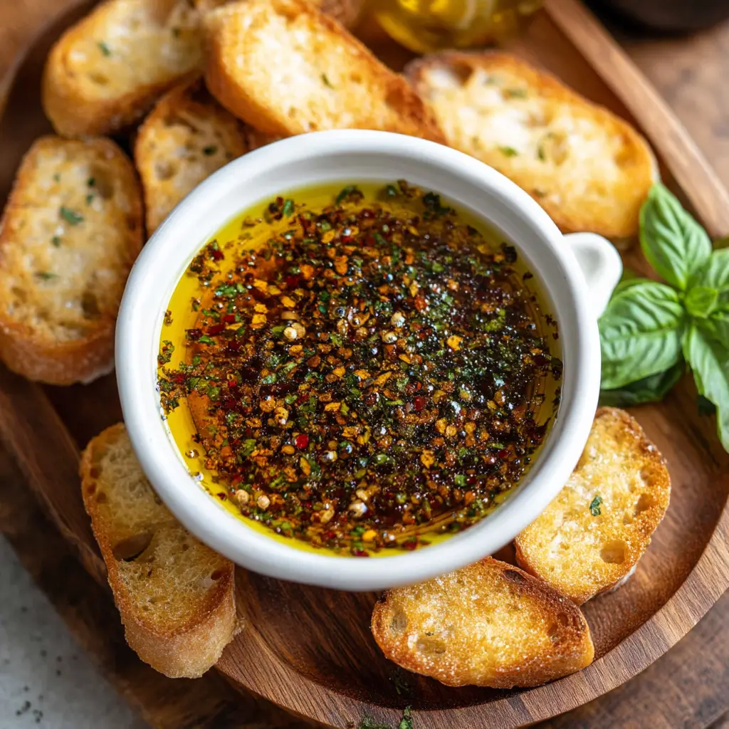 A close-up shot showing the vibrant herbs and minced garlic infusing in a pool of golden extra virgin olive oil for the bread dip.