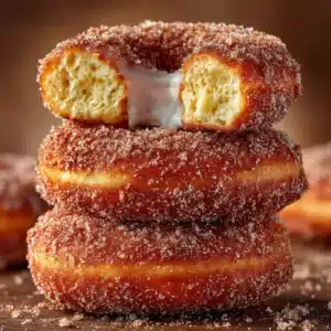 A single baked apple cider donut on a rustic wooden surface, highlighting the sparkling cinnamon sugar coating and the perfect donut shape.