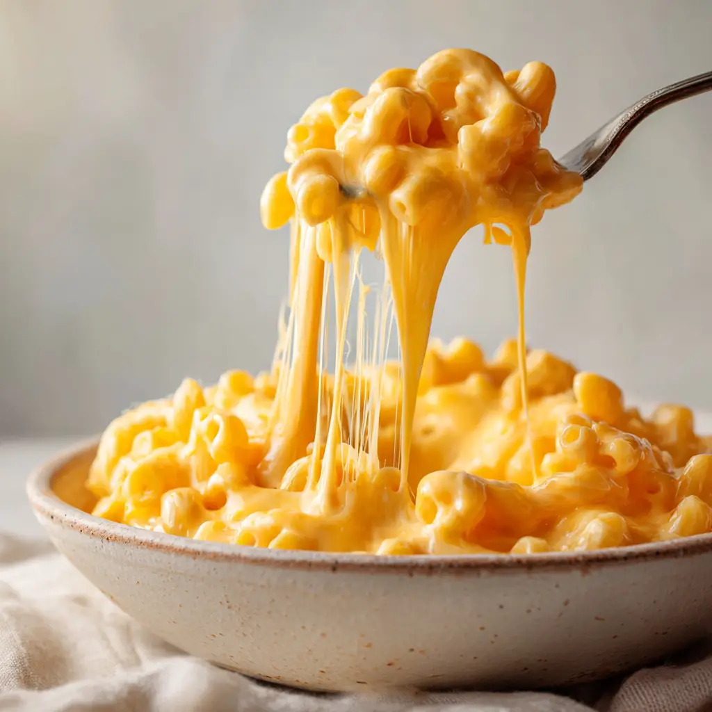 A final plated serving of the homemade creamy mac and cheese recipe, garnished with fresh parsley.