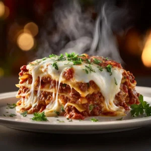 A 9x13 inch baking dish filled with a homemade lasagna ready for the oven, showing the layers of noodles, meat sauce, and cheese.
