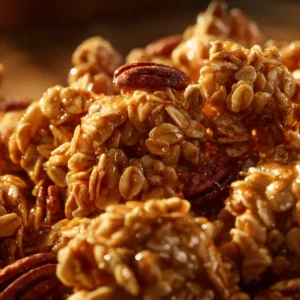 A bowl of finished maple pecan granola with a spoon, highlighting the crunchy clusters and toasted pecans.