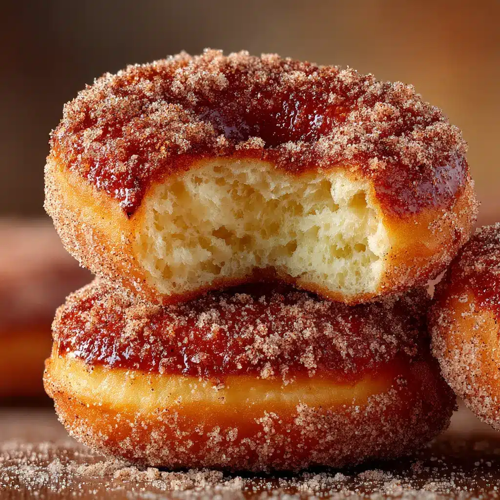 The process of dipping a freshly baked donut into a bowl of cinnamon sugar mixture. The donut is held by hand, showing the step-by-step nature of the recipe.