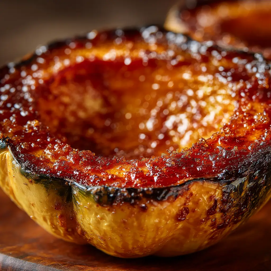 Two halves of a raw acorn squash on a wooden cutting board, with the seeds scooped out, ready for seasoning.