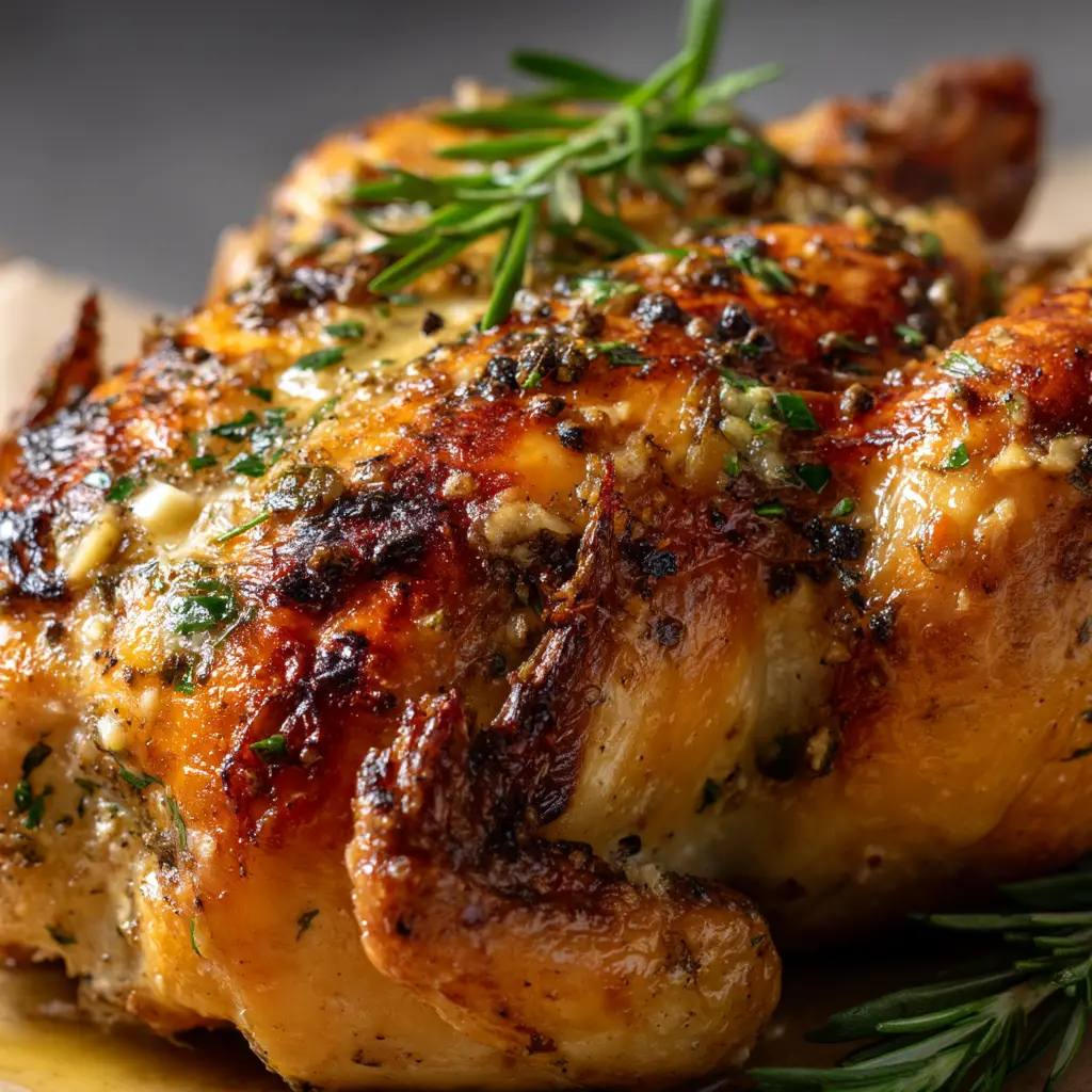 A whole raw chicken being prepared for roasting, with garlic herb butter being spread under the skin of the breast.
