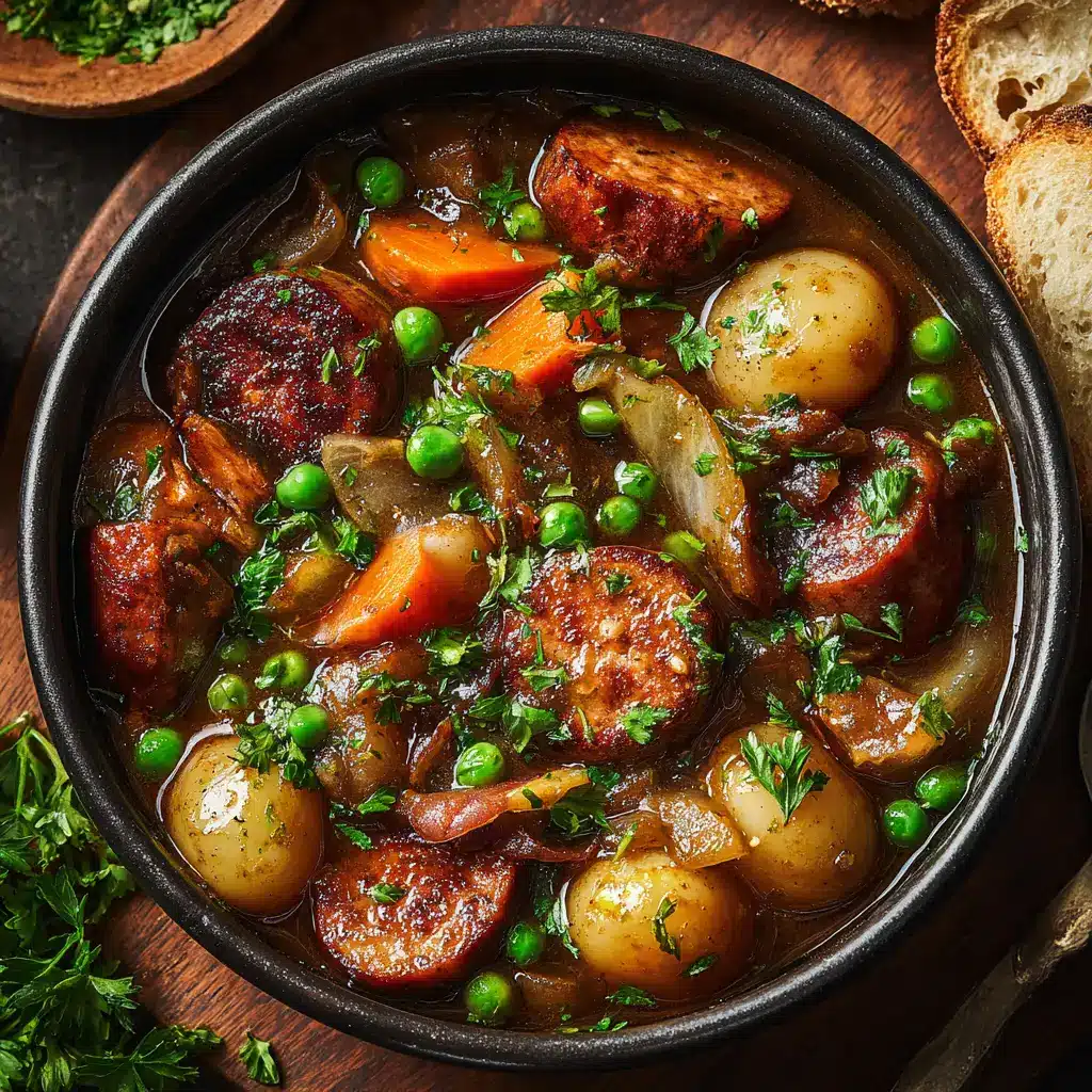 The ingredients for Dublin Coddle being layered in a large Dutch oven: sliced potatoes and onions topped with pork sausages and bacon.
