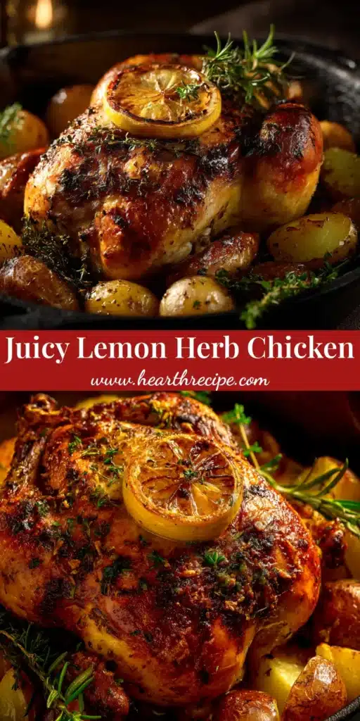 A golden-brown Lemon Herb Roast Chicken fresh out of the oven, garnished with lemon slices and fresh herbs in a roasting pan.