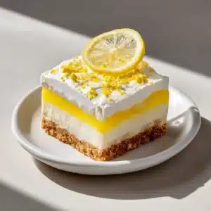 Spreading the fluffy cream cheese layer over the cooled pecan crust in a 9x13 glass baking dish, an essential step in making this layered lemon dessert.