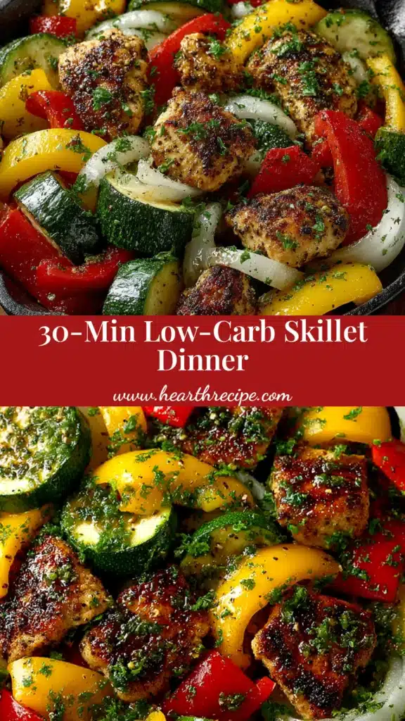 Low-Carb Chicken and Vegetable Skillet (Ready in 30 Mins!) 4 A colorful Low-Carb Chicken and Vegetable Skillet in a cast-iron pan, garnished with fresh herbs. This one-pan meal is perfect for a quick and healthy weeknight dinner.