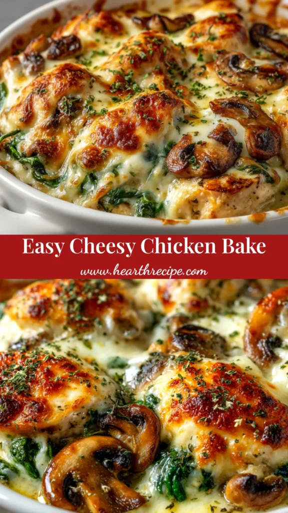 A serving of cheesy Low-Carb Chicken Bake in a white bowl, showing tender chicken and broccoli in a creamy sauce, ready to be pinned.