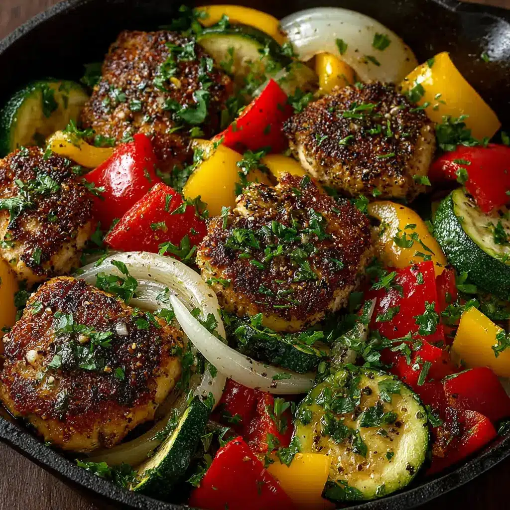 Low-Carb Chicken and Vegetable Skillet (Ready in 30 Mins!) 1 The ingredients for the one-pan chicken and vegetable skillet arranged on a wooden board, including chicken breast, bell peppers, broccoli, and spices.