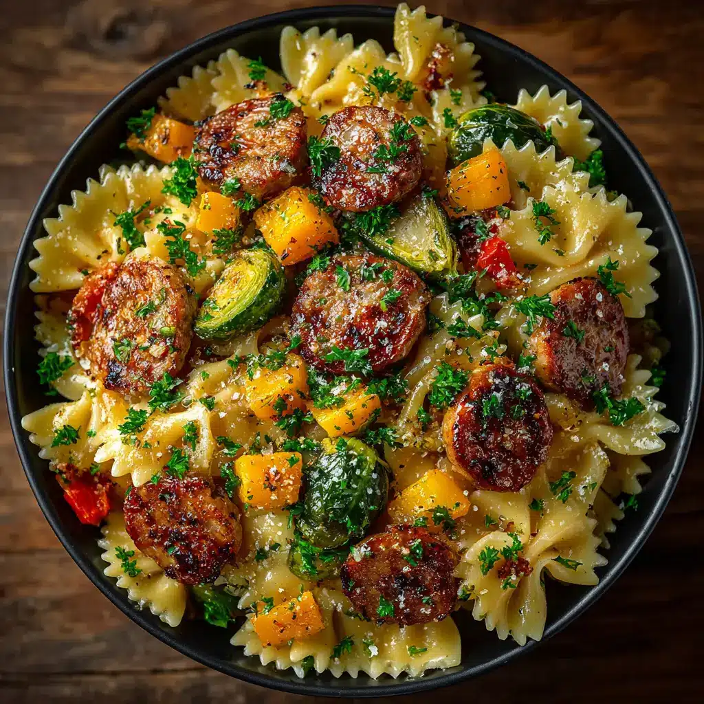 A large skillet showing the creamy sauce being mixed with cooked rigatoni, Italian sausage, and cubes of roasted butternut squash for the autumn pasta dish.