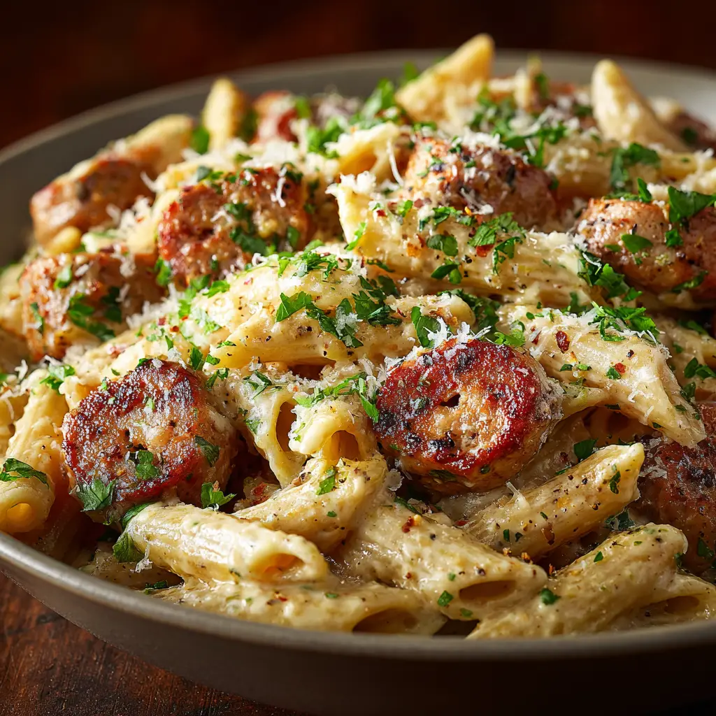 Step-by-step process of making creamy chicken sausage pasta, showing the sausage being browned in a skillet next to bowls of chopped onions and garlic.
