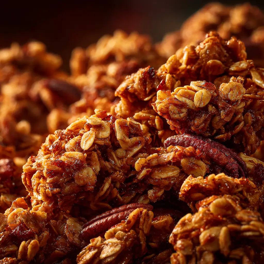 Maple Pecan Granola Recipe (The Best, Easiest & Crunchiest!) 1 The uncooked maple pecan granola mixture spread evenly on a parchment-lined baking sheet before going into the oven.
