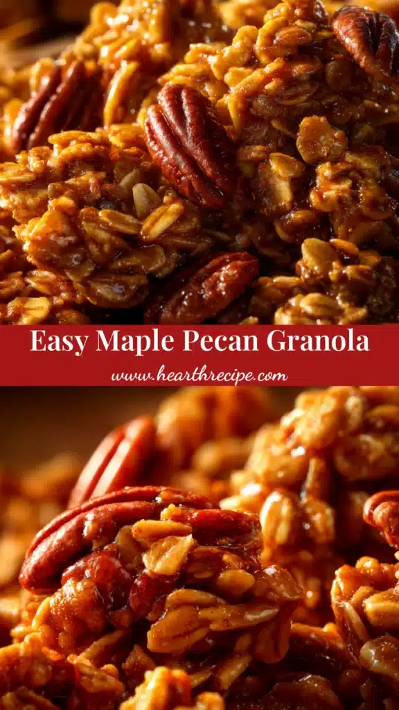 Maple Pecan Granola Recipe (The Best, Easiest & Crunchiest!) 4 A close-up shot of homemade maple pecan granola recipe with large, crunchy clusters in a white bowl, ready to be pinned.