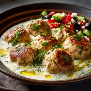 A bowl of uncooked ground chicken mixed with feta, fresh herbs, and other ingredients for Greek chicken meatballs.