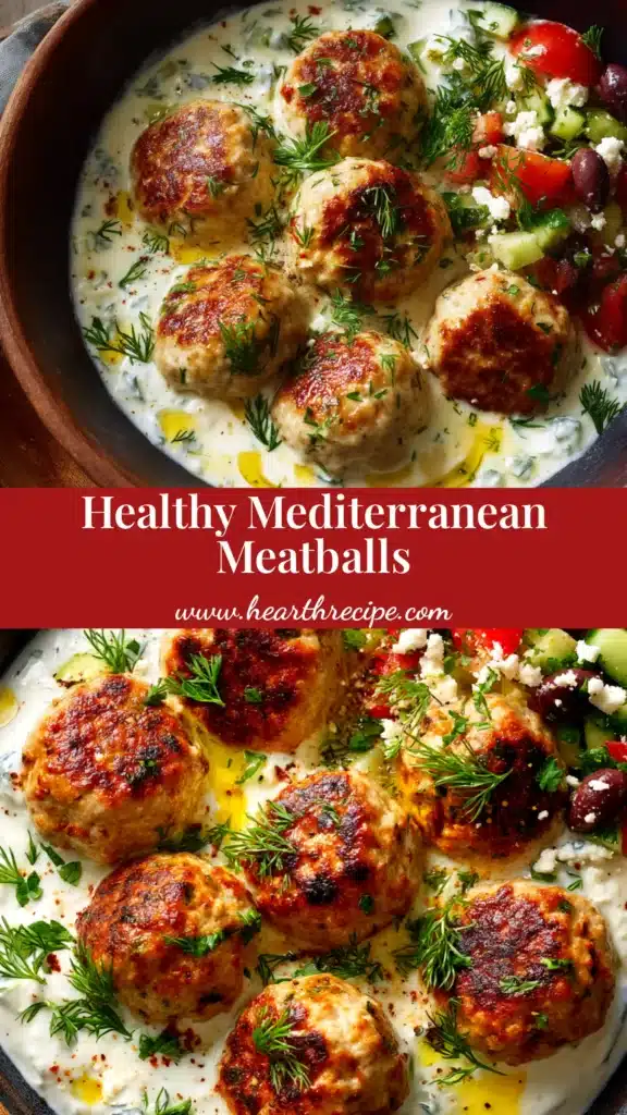 Mediterranean Chicken Meatballs (The Best, Juiciest Recipe!) 4 A platter of golden-brown Mediterranean chicken meatballs served with a side of creamy tzatziki sauce and fresh lemon wedges, ready to be eaten.