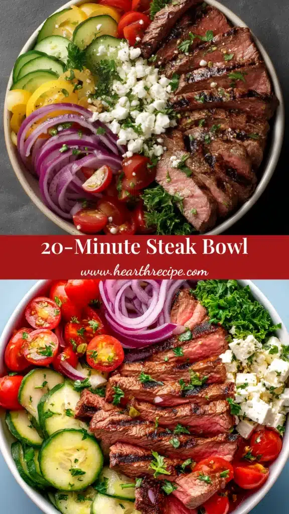 A beautiful overhead shot of a Mediterranean steak bowl, featuring perfectly cooked sliced steak, quinoa, fresh tomatoes, cucumbers, and feta cheese, with a side of tzatziki sauce.