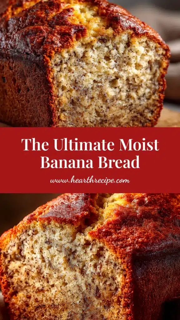 A perfectly baked loaf of moist banana bread recipe, sliced to show the tender, soft interior. The best easy banana bread for breakfast or a snack.