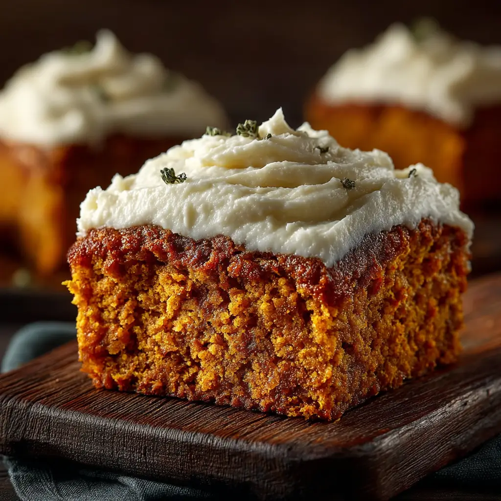 Sheet Pan Pumpkin Bars with Cream Cheese Frosting 2 A close-up shot of a single pumpkin bar on a white plate, showing the moist, tender crumb and the thick, creamy layer of cream cheese frosting.
