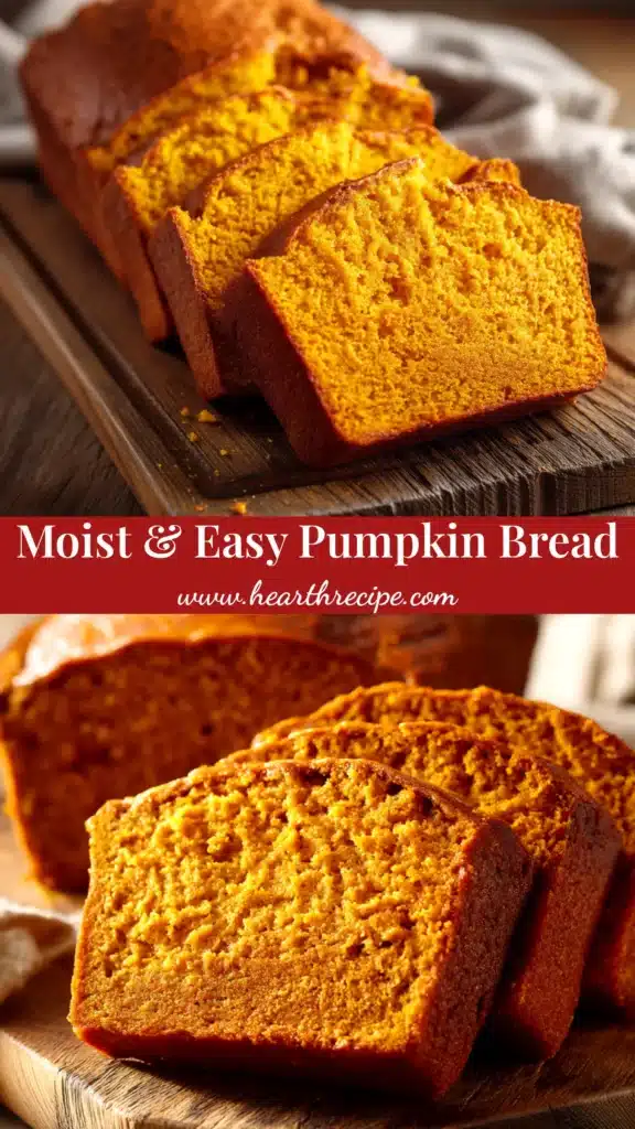 A perfectly baked loaf of moist pumpkin bread recipe on a wooden board, with one slice cut to show the tender, spiced crumb inside.