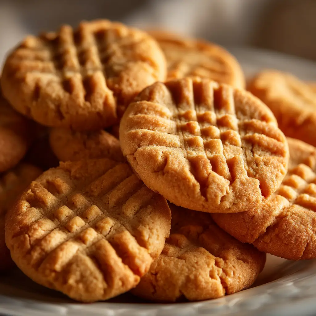 Balls of peanut butter cookie dough on a parchment-lined baking sheet with fork marks pressed into them before baking.