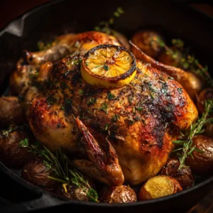 A whole raw chicken being prepared with a lemon and herb compound butter being spread under the skin.