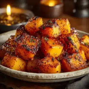 Cubed butternut squash in a glass bowl being tossed with olive oil, brown sugar, and spices before roasting.