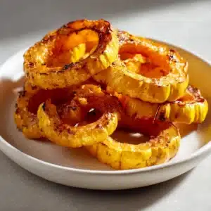 Sliced delicata squash rings tossed with olive oil and seasonings in a white bowl, ready for roasting.