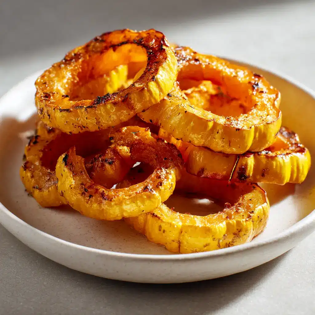 Roasted Delicata Squash (Two Easy Ways!) 2 Sliced delicata squash rings tossed with olive oil and seasonings in a white bowl, ready for roasting.