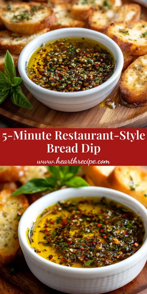 A stunning overhead shot of a restaurant-style olive oil bread dip in a white shallow bowl, surrounded by chunks of crusty bread for dipping.