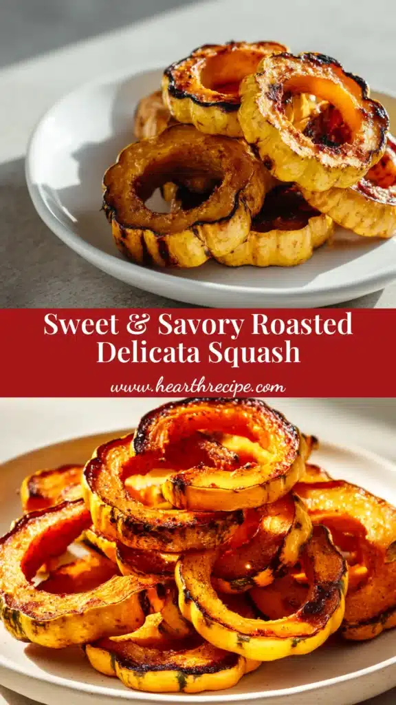 Roasted Delicata Squash (Two Easy Ways!) 4 A vertical pin image showing perfectly roasted delicata squash rings on a baking sheet, with text overlay reading 'Easy Roasted Delicata Squash'.
