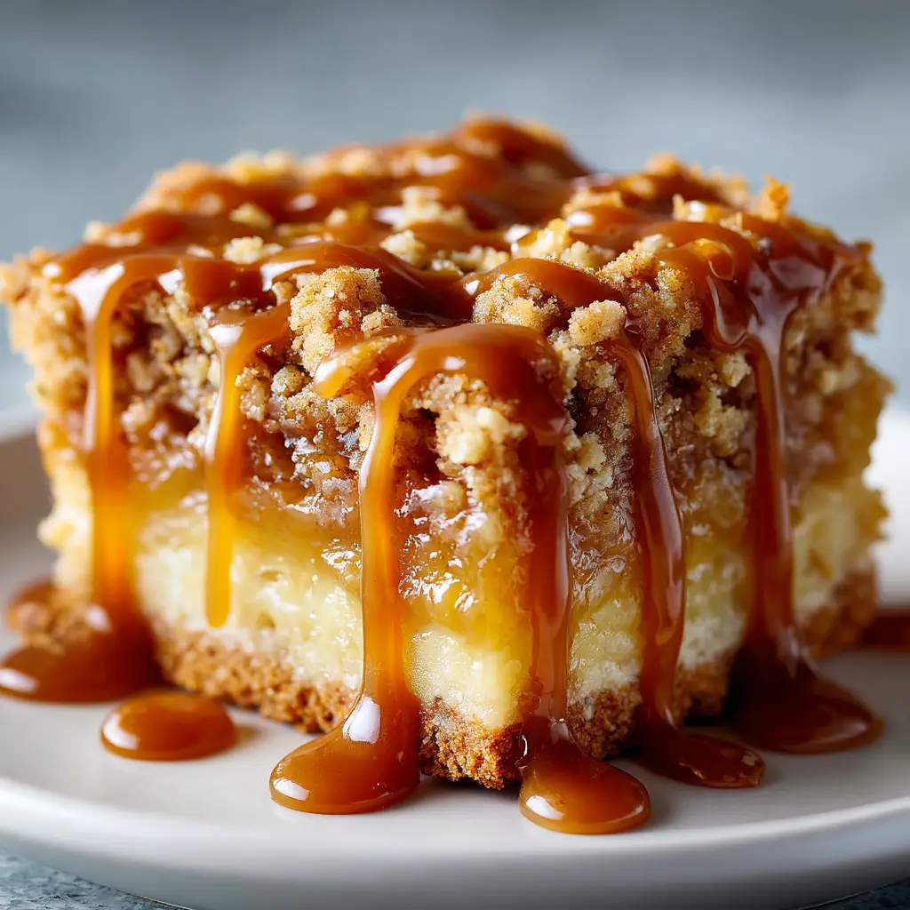 Salted Caramel Apple Bars (The Only Recipe You'll Need) 1 A single salted caramel apple bar on a plate, showing the distinct layers of shortbread crust, apple filling, and crumble topping.