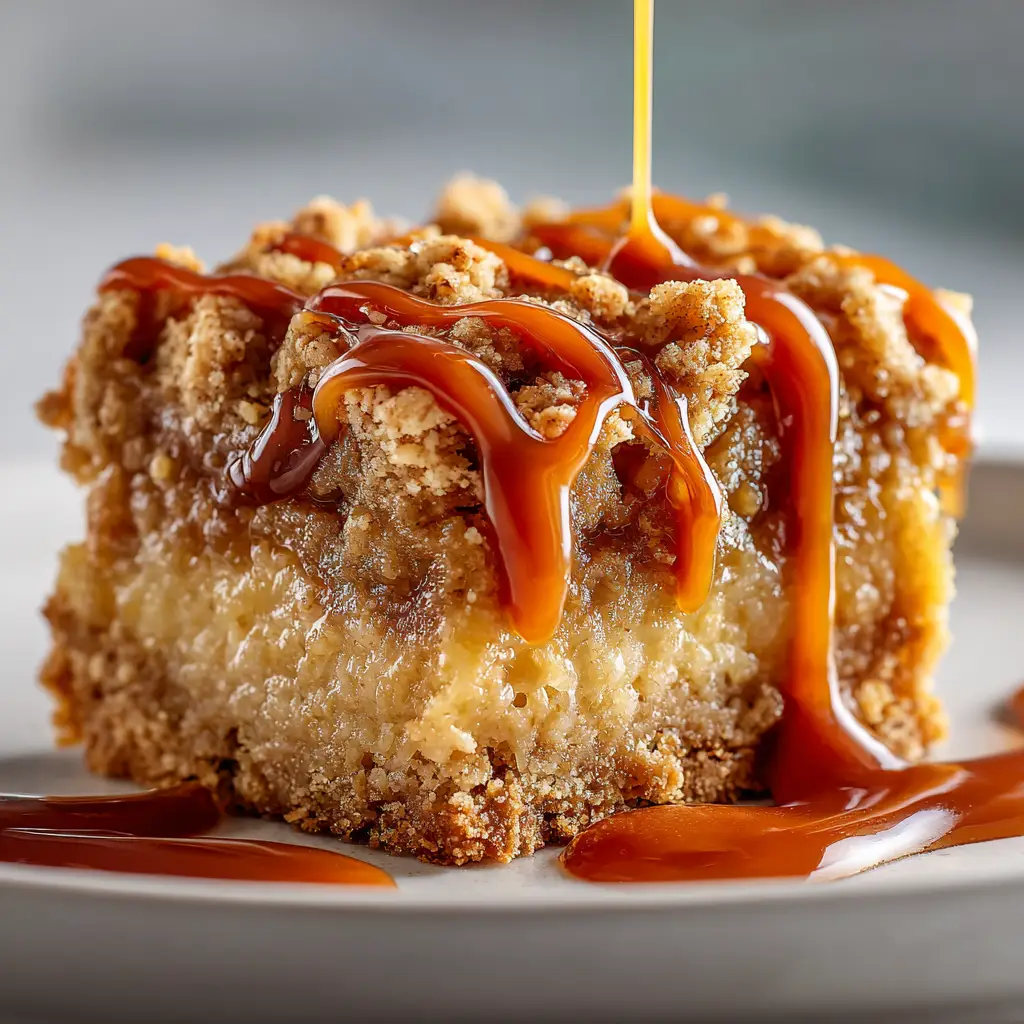 Salted Caramel Apple Bars (The Only Recipe You'll Need) 2 A top-down view of salted caramel apple bars in a 9x13 baking pan, drizzled with rich, homemade caramel sauce.