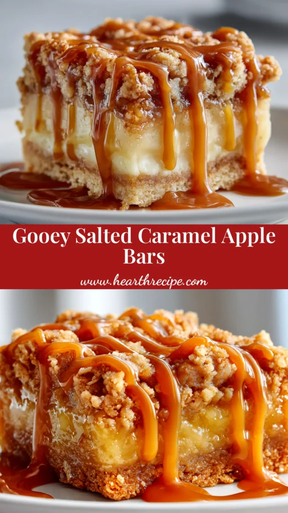 Salted Caramel Apple Bars (The Only Recipe You'll Need) 3 A close-up of perfectly sliced salted caramel apple bars on a wooden board, showcasing the gooey caramel and crumble topping.