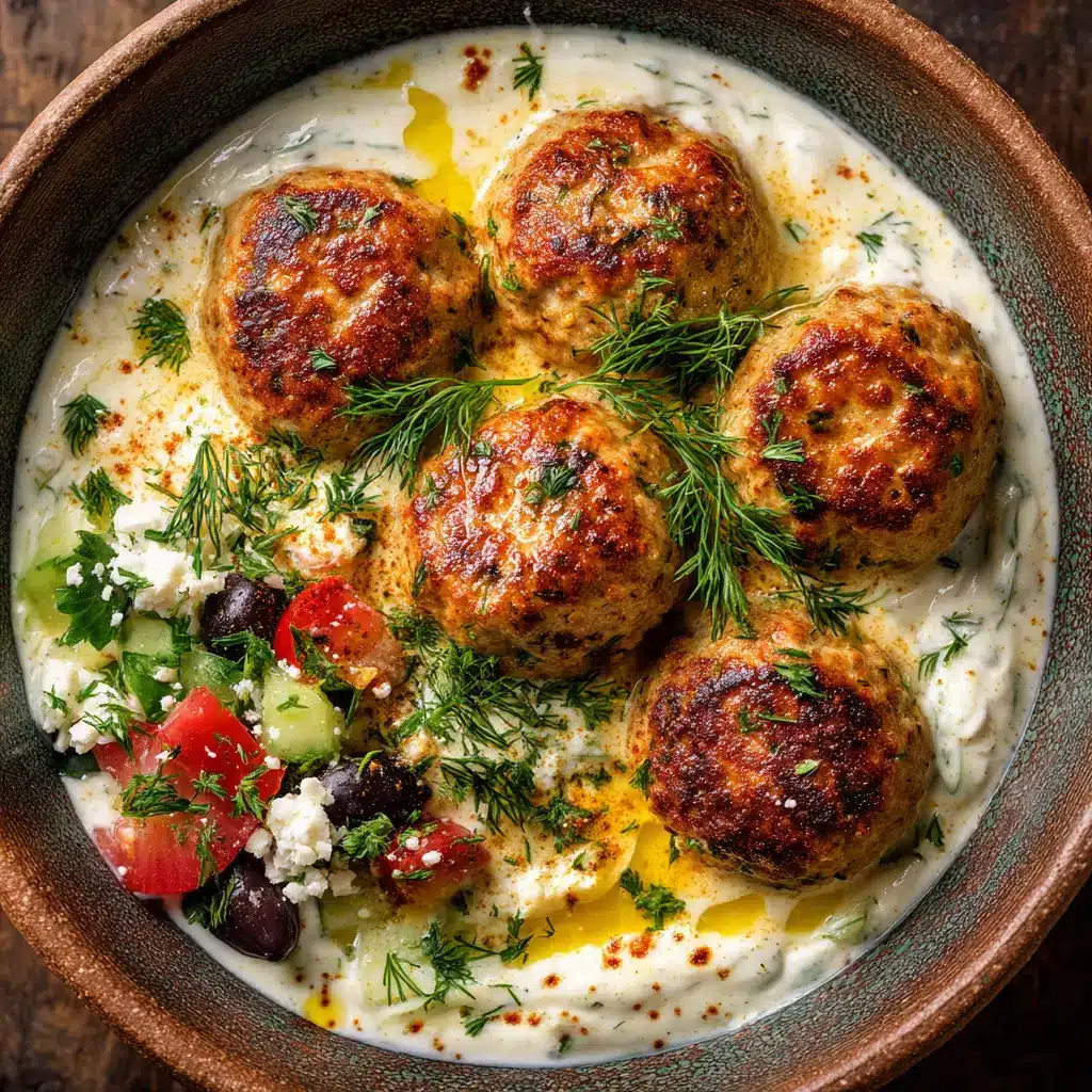 Mediterranean Chicken Meatballs (The Best, Juiciest Recipe!) 1 Golden-brown baked chicken meatballs sizzling in a cast-iron skillet, garnished with fresh parsley.