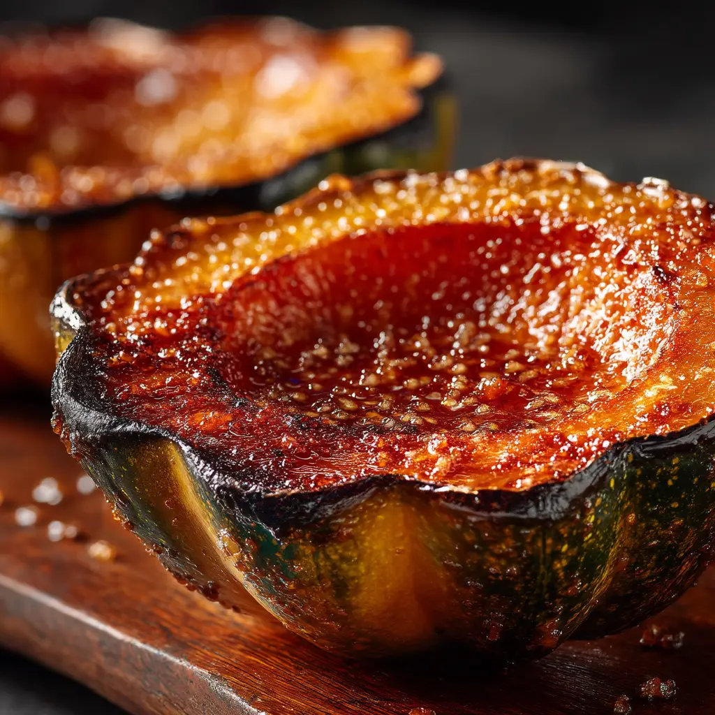 Acorn squash halves on a baking sheet, brushed with melted butter and sprinkled with brown sugar and cinnamon before roasting.