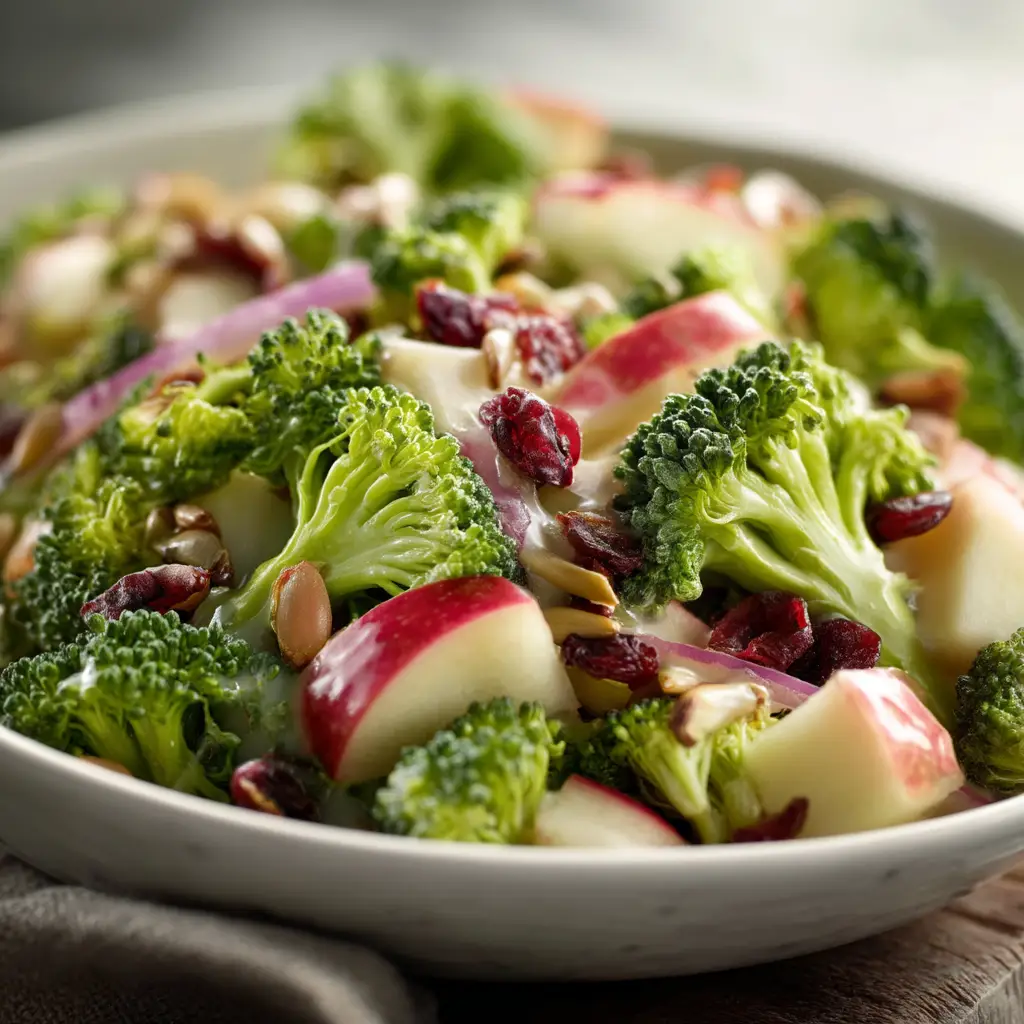 Apple Broccoli Salad (The Only Recipe You'll Ever Need) 1 A serving spoon scooping a portion of the finished apple broccoli salad from a large bowl, ready to be eaten.