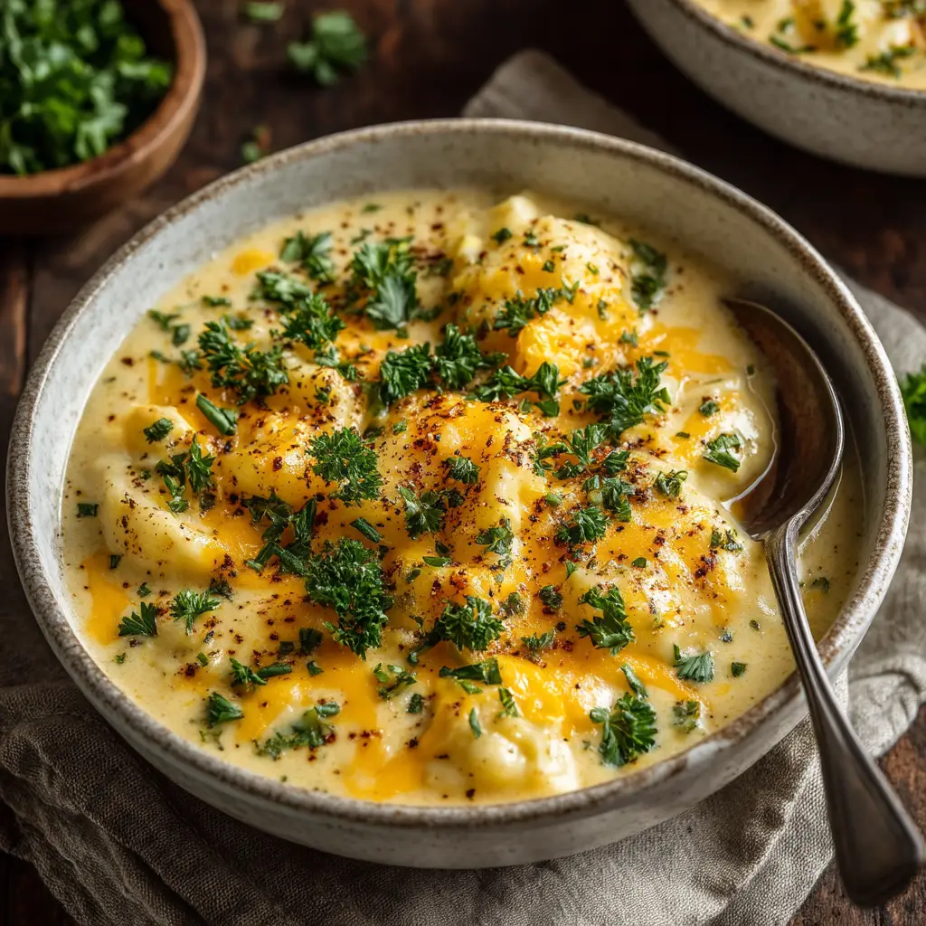 Cheddar Garlic Herb Potato Soup: The Ultimate Creamy Recipe 1 A person holding a bowl of cheddar garlic herb potato soup, garnished with bacon and chives, with crusty bread on the side.