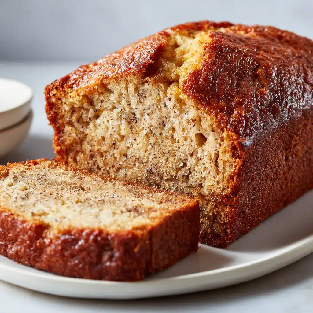A thick slice of simple banana bread on a white plate, highlighting the perfect golden-brown crust and tender crumb.
