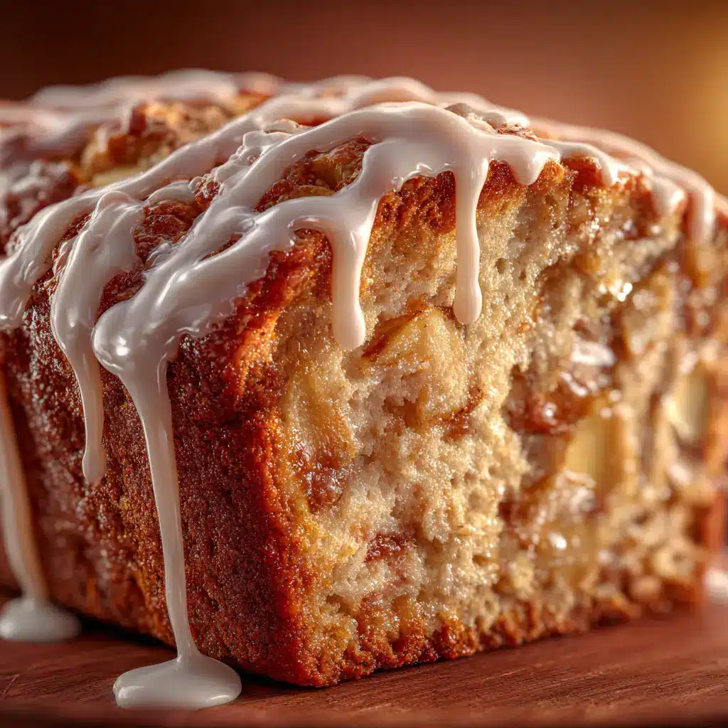 A close-up shot of a single slice of cinnamon apple quick bread, showing the tender crumb and pieces of baked apple.