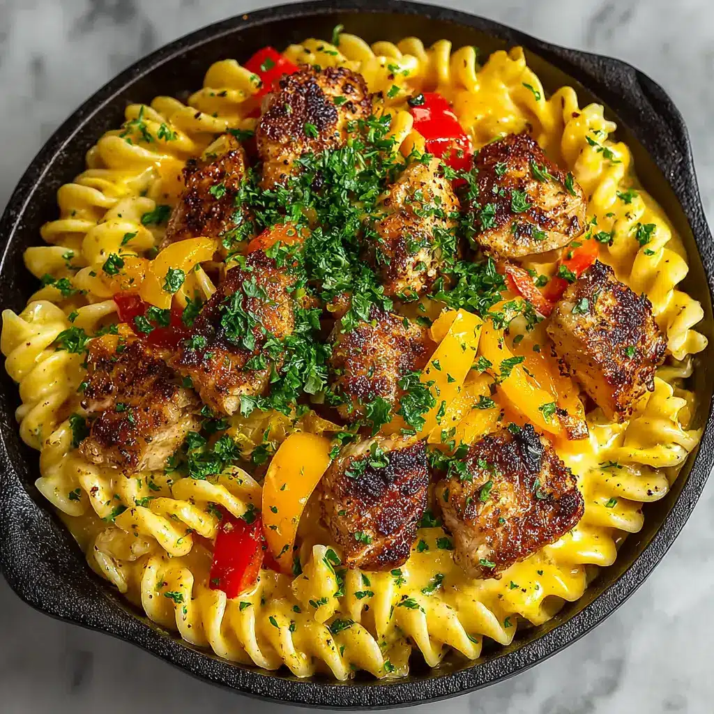 Sliced seasoned Cajun chicken breast resting on a cutting board, ready to be added to the pasta.