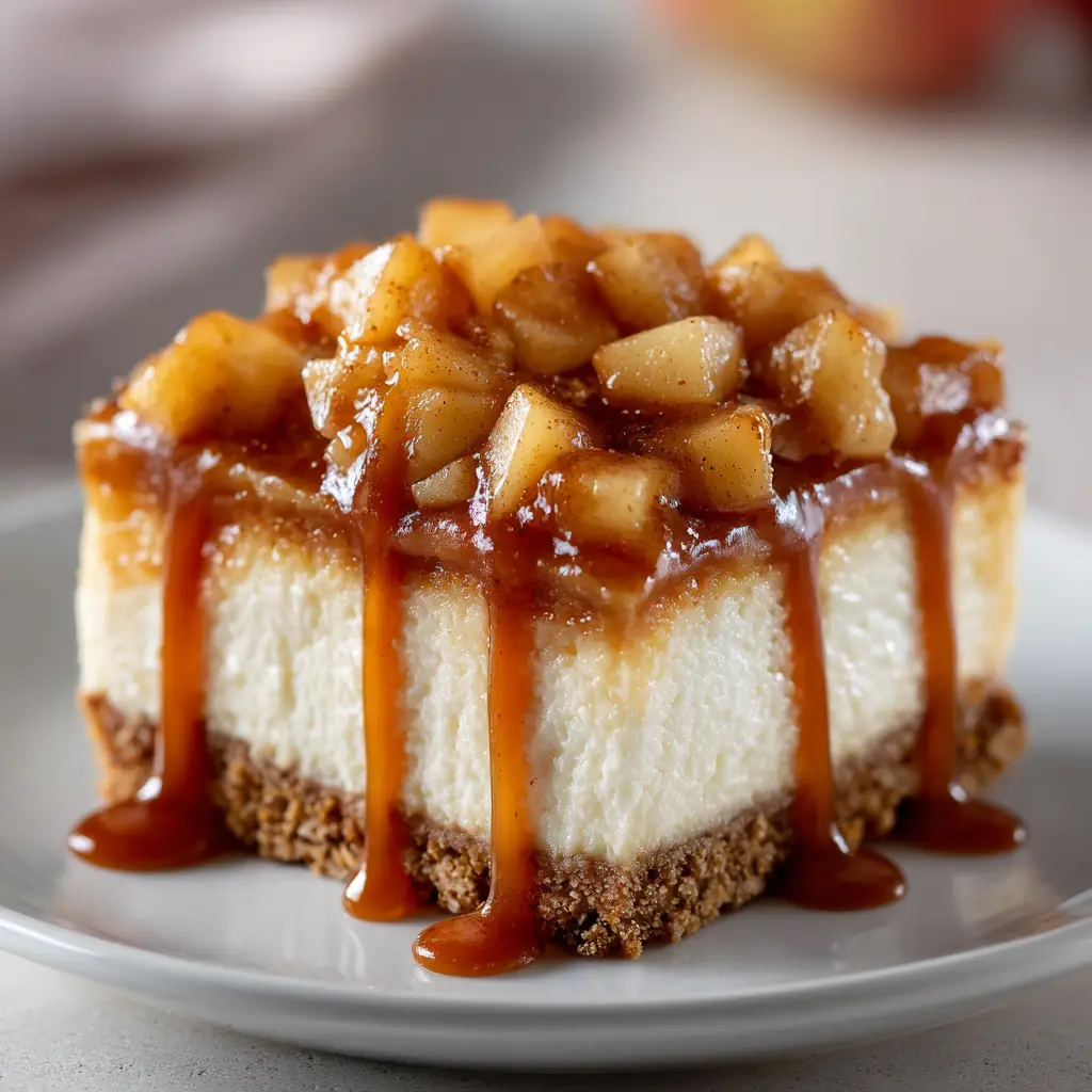 A close-up shot of several caramel apple bars arranged on a platter, highlighting the creamy texture of the cheesecake layer.