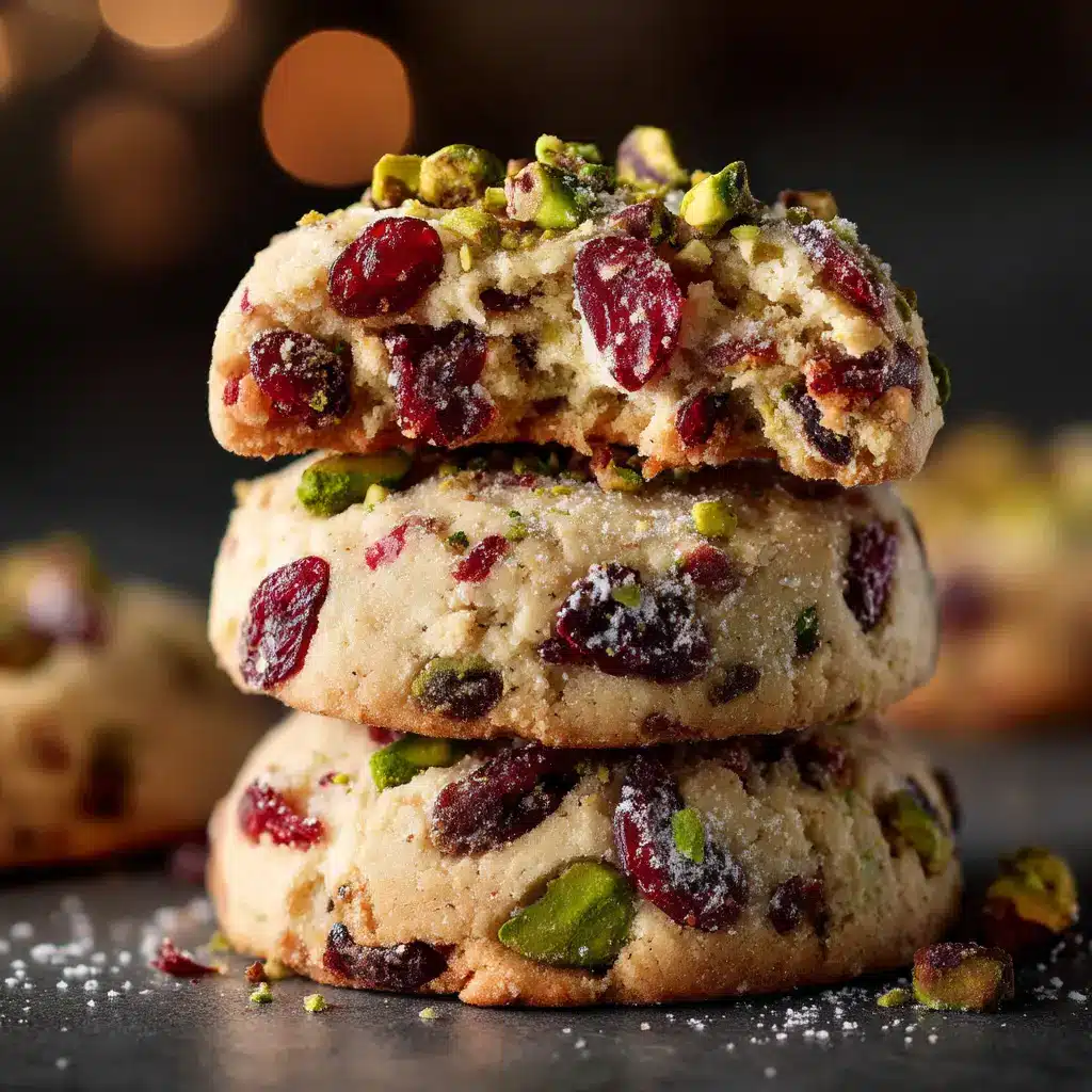 Sliced, unbaked cranberry pistachio shortbread cookies arranged on a parchment-lined baking sheet before going into the oven.