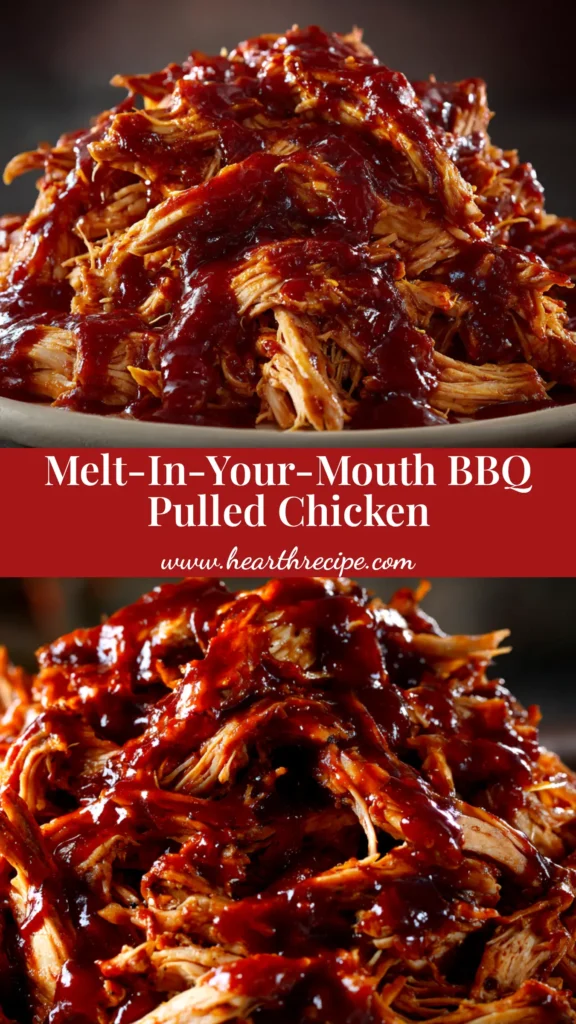 Slow Cooker BBQ Chicken (Easy, Juicy & Flavorful) 3 A close-up shot of juicy Slow Cooker BBQ Chicken being shredded with two forks in a slow cooker, coated in a rich, dark BBQ sauce.