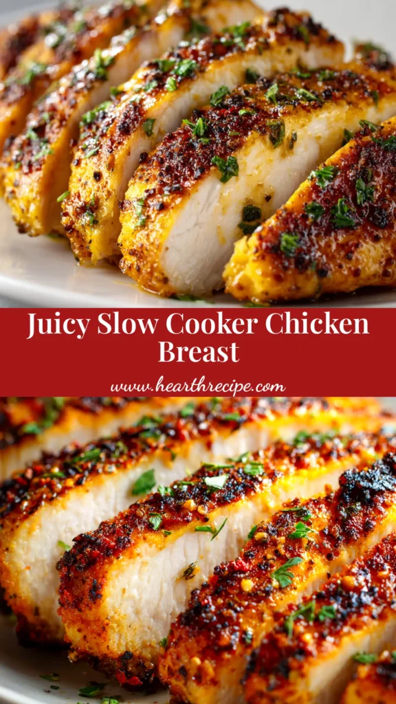 Slow Cooker Chicken Breast: The Juiciest, Easiest Recipe! 4 Juicy slow cooker chicken breast sliced on a cutting board, ready to be served. This easy crockpot recipe is perfect for healthy meal prep and weeknight dinners.