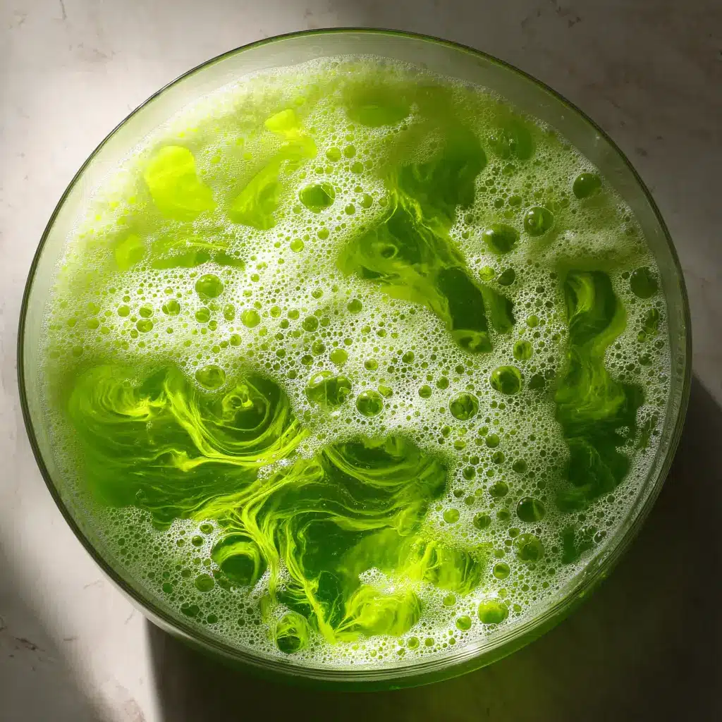 Witches' Brew Punch (Easy Halloween Recipe!) 1 A punch bowl of Witches' Brew Punch from above, with scoops of lime sherbet floating on top and spooky gummy worms crawling over the side.